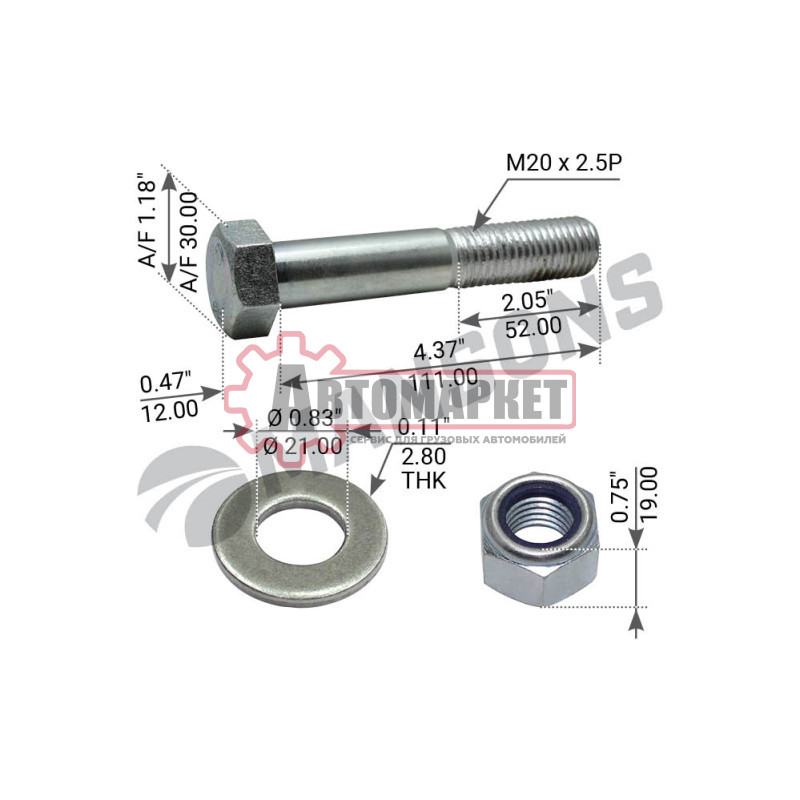 Болт амортизатора нижн. M20x2.5x120/110/50 SW22 (F AF 8.8) \SAF