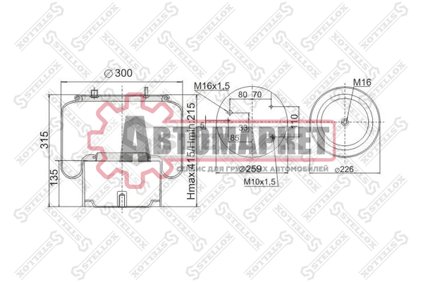 Пневмоп. со стак.без отбойн. 836MK1 3шп.M10 1отв-шт.M16 смещ.28 Порш.сталь1отв.