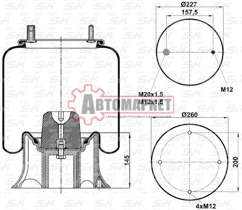 Пневмоподушка без стакана. 1шп.M12 1шп-шт.M12/20 Н:1отв.M12 \ROR.Weweler