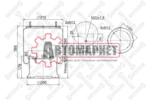 Пневмоподушка со стак.2 шп.M12смещ.25. 1отв.штуцM22. Поршень стальн.4отв.M12 \S
