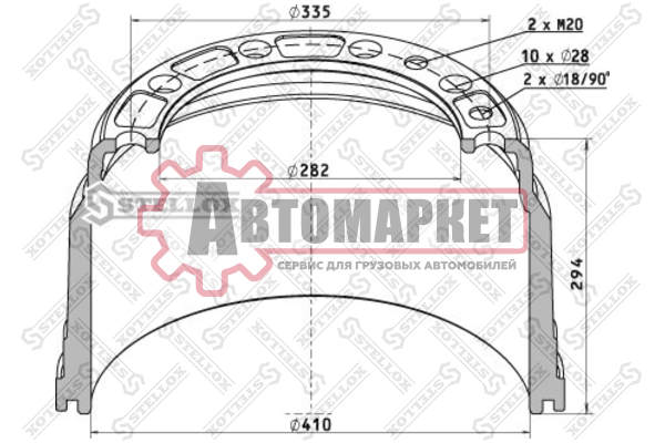 Барабан тормозной 410x200/218 H=294 d=282/335 n10x28/n2xM12/n2x26.5 \Volvo FL/F