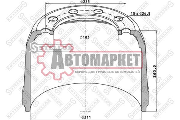 Тормозной барабан 311x190/200 H=260 d=183/225 n10x24.5 \ROR