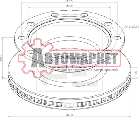 Диск торм 430x168.5x290x45 n10x22.5 задний вентилир.\Schmitz