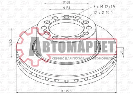 Диск торм 374.5x45 12отв d19+ 3отв M12x1.5 \SAF SKRB 9019K/I