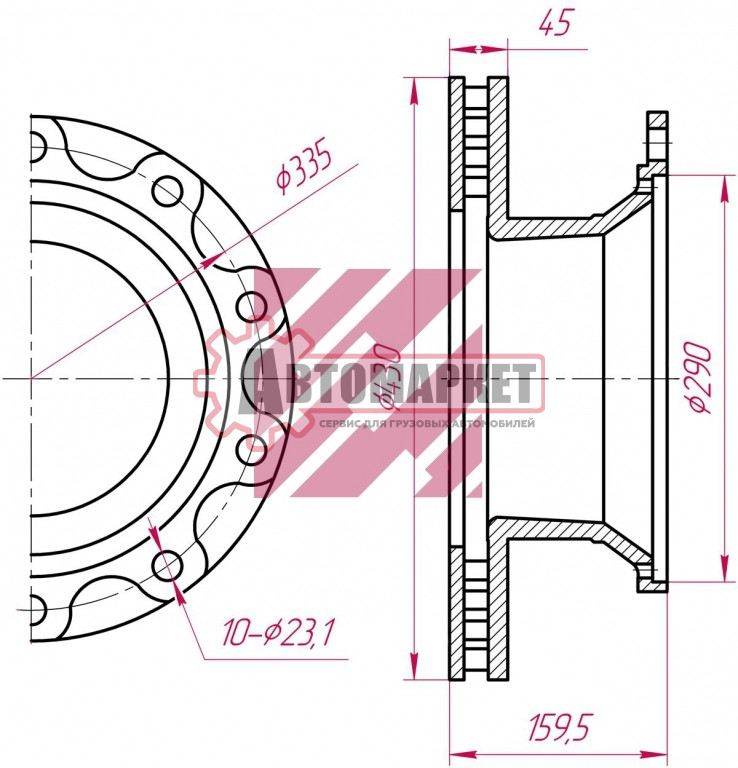 Диск торм 430/290x45/159.5 10n-335-23 вентилир ABS \BPW