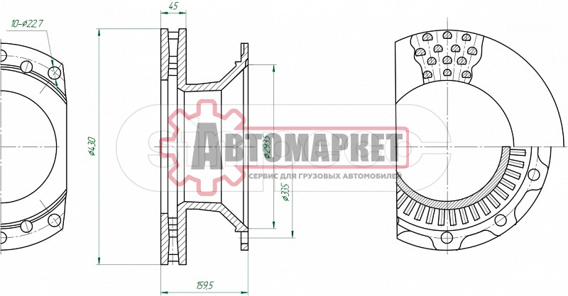 Диск торм 430/290x45/159.5 10n-335-23 вентилир без крепления ротора ABS \BPW