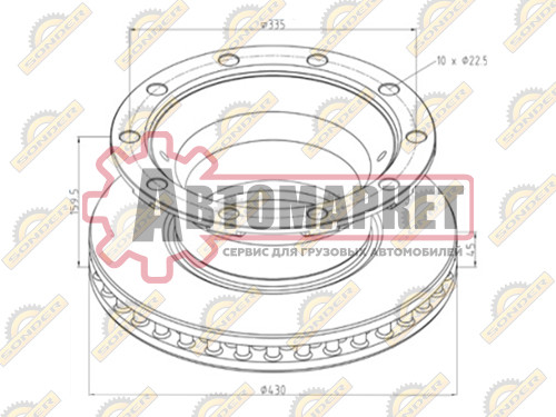 Диск торм 430/290x45/159.5 10n-335-23 вентилир без крепления ротора ABS \BPW