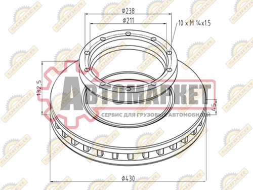 Диск торм задний 430/211x45/132.5 10n-238-M14x1.5 \MB Actros