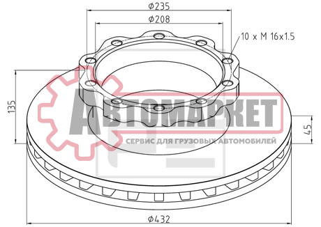 Диск торм задний 432/208x45/135 10n-235-M16x1.5 \Omn MAN NG/NL. MAN F2000/TGA