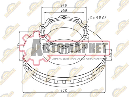Диск торм задний 432/208x45/135 10n-235-M16x1.5 \Omn MAN NG/NL. MAN F2000/TGA