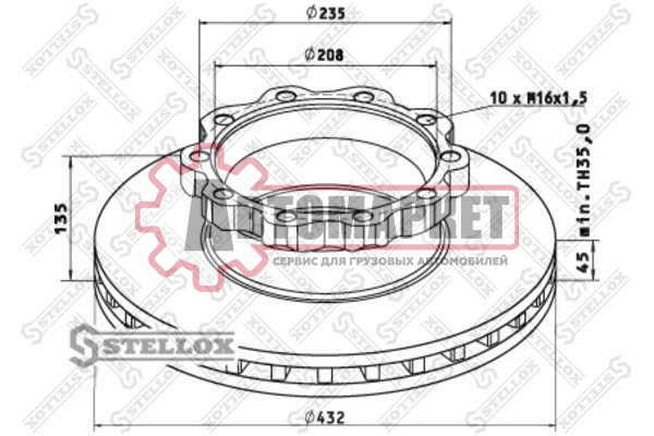 Диск тормозной 432/208x45/135 10n-235-M16x1.5 \Omn MAN NG/NL, MAN F2000/TGA