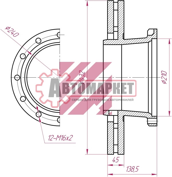 Диск тормозной передн. 432/154.5x45/210 12n с отверстием датчика \IVECO Stralis