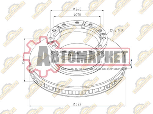 Диск тормозной передн. 432/154.5x45/210 12n с отверстием датчика \IVECO Stralis