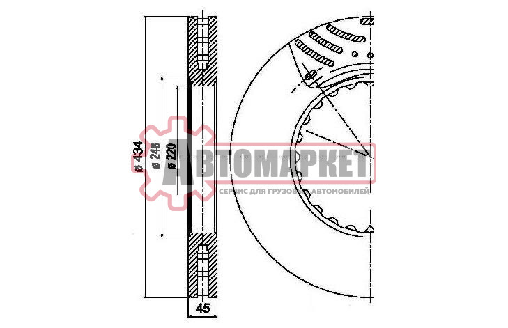 Диск тормозной передний 434/45x45/220, монтажный к-т ER750952\RVI Magnum/Premiu