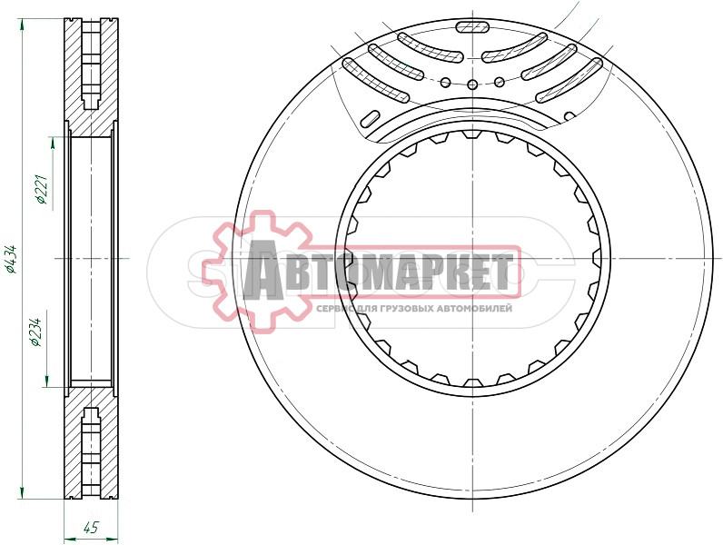 Диск тормозной передний 434/45x45/220, монтажный к-т ER750952\RVI Magnum/Premiu