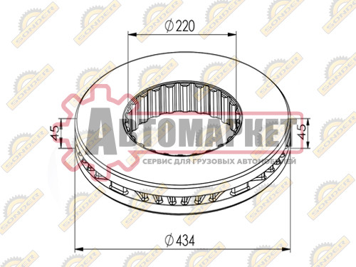 Диск тормозной передний 434/45x45/220, монтажный к-т ER750952\RVI Magnum/Premiu