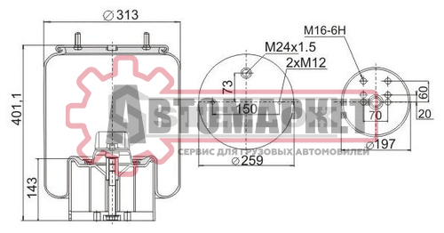 Пневмоподушка со стак.2шп. М12 1штуцер М22x1.5 поршень пластик \BPW 30K