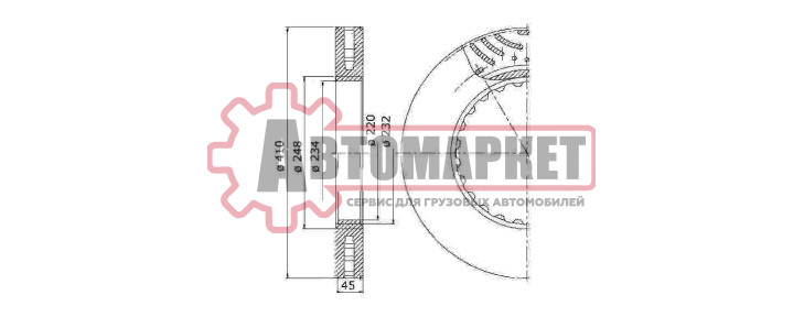 Диск тормозной вентилируемый 410*45*224 Volvo FE/FH/FM/FMX