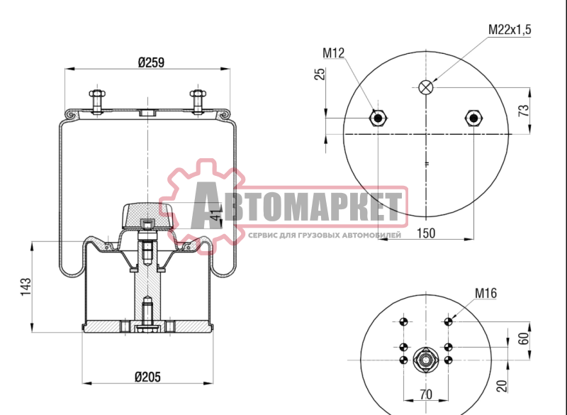 Пневморессора. Поршень металл [Верх: 1*M22, 2*M12 | Низ: 6*М16]