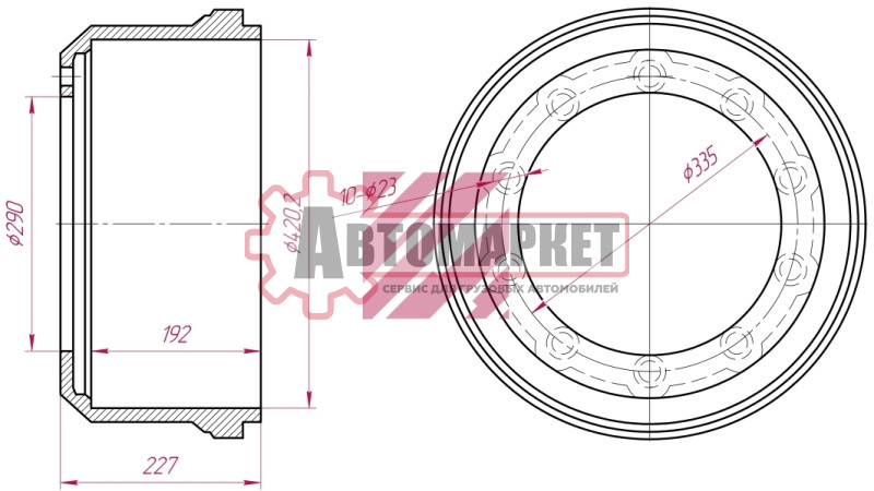 Торм. барабан под шпильку 420x180/190 H=227 d=290/335 n10x23 \SAF RS8142/8242/