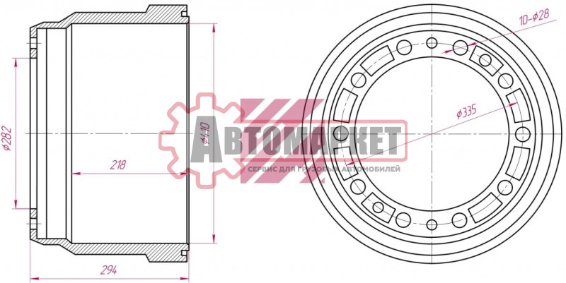 Барабан тормозной 410x200/218 H=294 d=282/335 n10x28/n2xM12/n2x26.5 \Volvo FL/F