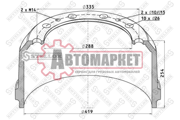 Торм.барабан (накл 19557) 419x203/211 H=256.2 d=288/335 n10x26 \Fruehauf