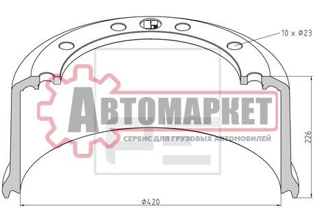 Торм.барабан под болт 420x180/184 H=227 d=290/335 n10x23 \BPW HS..ECO MAXX