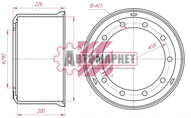 Торм.барабан под болт 420x180/184 H=227 d=290/335 n10x23 \BPW HS..ECO MAXX