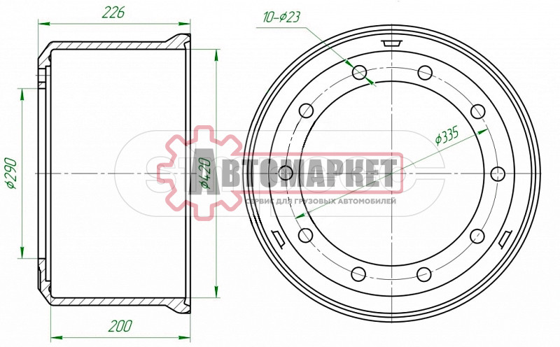 Торм.барабан под болт 420x180/184 H=227 d=290/335 n10x23 \BPW HS..ECO MAXX