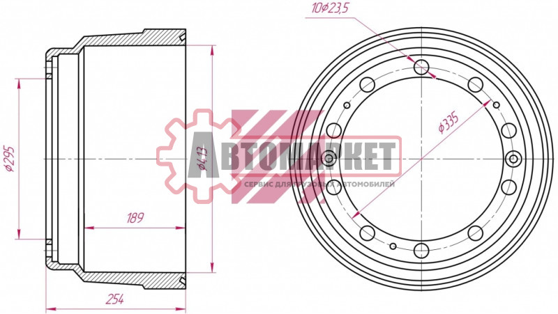 Тормозной барабан413x178/189 H=253 d=295/335 n10x23.5 +3 +2 \Scani93M, L113-M143