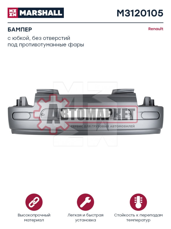 Бампер с юбкой, без отверстий под п/т фары серый пластик SMC РЕНО
