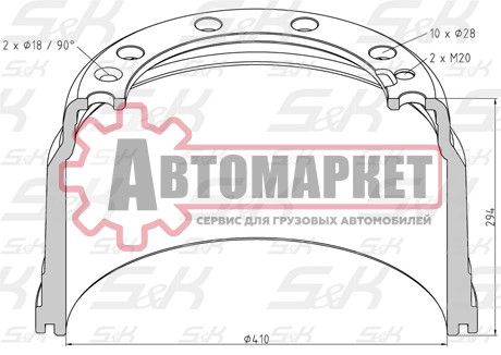 Барабан тормозной 410x200/218 H=294 d=282/335 n10x28/n2xM12/n2x26.5 \Volvo FL/F
