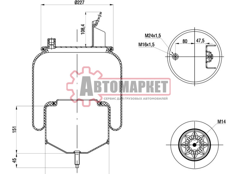 Пневморессора. поршень металл Верх: 1*M24 | Низ: 1*М14 Volvo