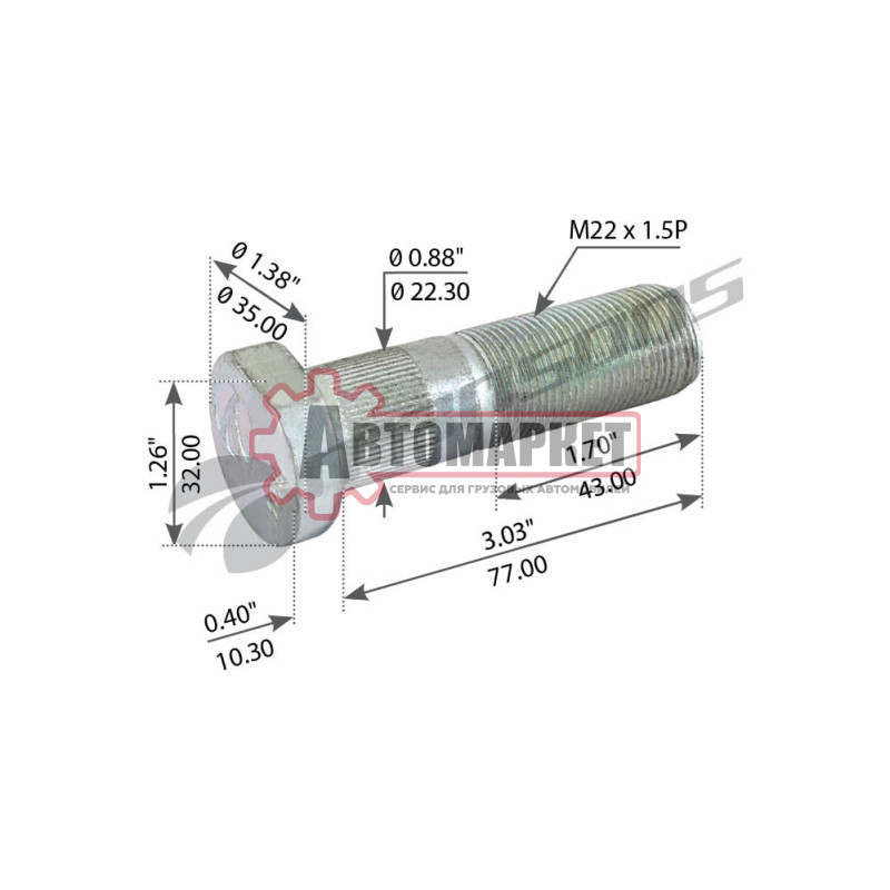 Болт колесный M22*1.5*76 SAF