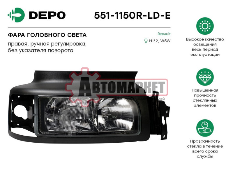 Фара прав. H1 без корректора \ RVI Premium 96-05