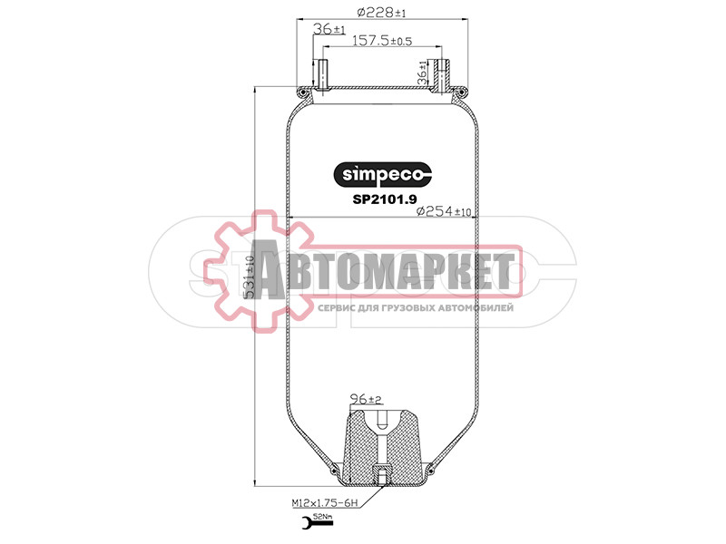 Пневмоподушка без стакана 1шп. M12. 1шп-штуц. M12x20. H: 1отв.M12. d116\Fruehauf