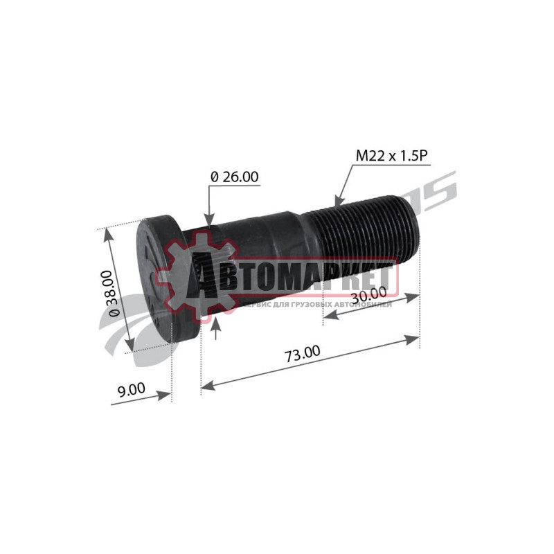 Болт колесный M22*1.5*74/82 одинарные колеса Fruehauf/Trailor /SMB С1/С2